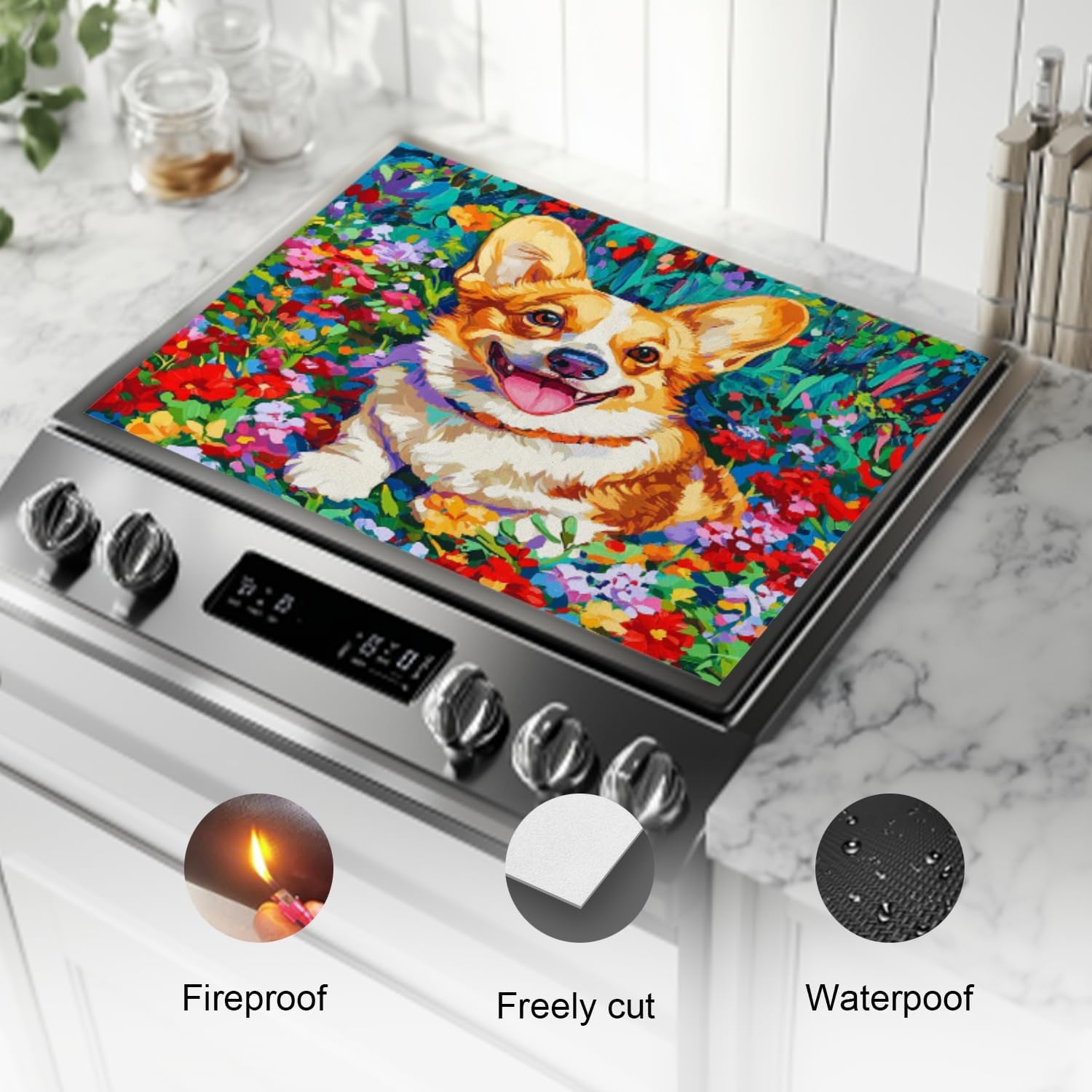 Silicone Stove Mat for Glass Top Stove, Smiling Corgi Lying In Flower Garden Electric Stove Cover Mat, 28 x 20 Inch Heat - Resistant Gas Gtove Burner Covers Glass Stove Top Protector