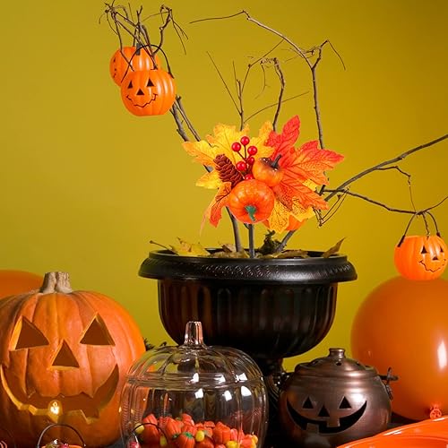 Miniatura 4 de PRETYZOOM 2 piezas de hojas de arce artificiales, ramas de calabaza de Halloween, cosecha, tallos de otoño con bayas, relleno de jarrones de piña
