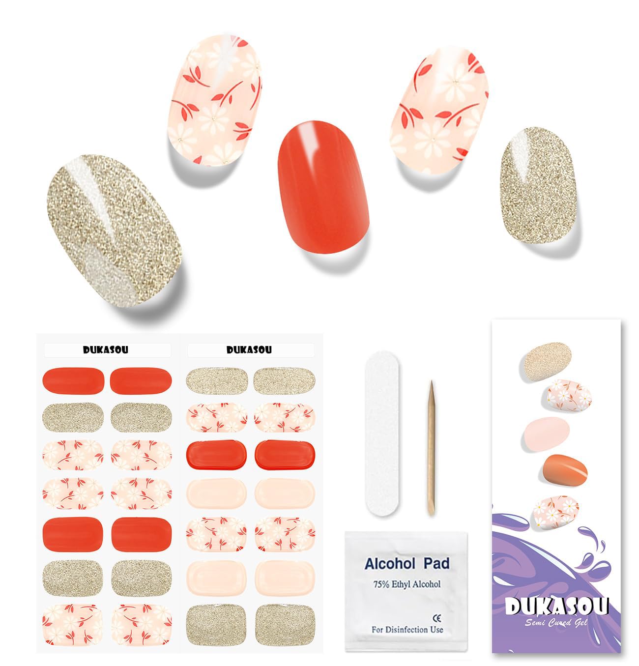 Semi Cured Gel Nail Strips, 28pcs Real Nail Polish Art Stickers/Wraps Need UV Light, Includes Prep Pads, Nail File & Wood Stick, Sticker Nails for Women Girls Kids DIY Gifts?Flash Pink)