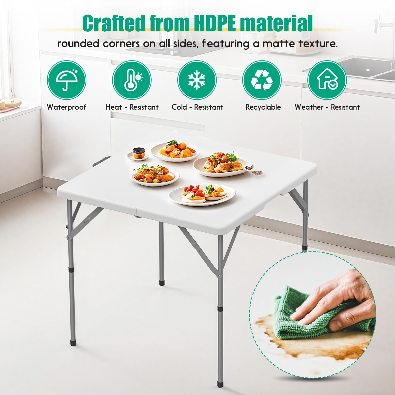 HLPB 86,4 cm quadratischer klappbarer Kartentisch, zusammenklappbarer tragbarer Esstisch mit Griff und Sicherheitsschloss, faltbarer Kunststoff-Esstisch für drinnen und draußen, für Camping, Picknick