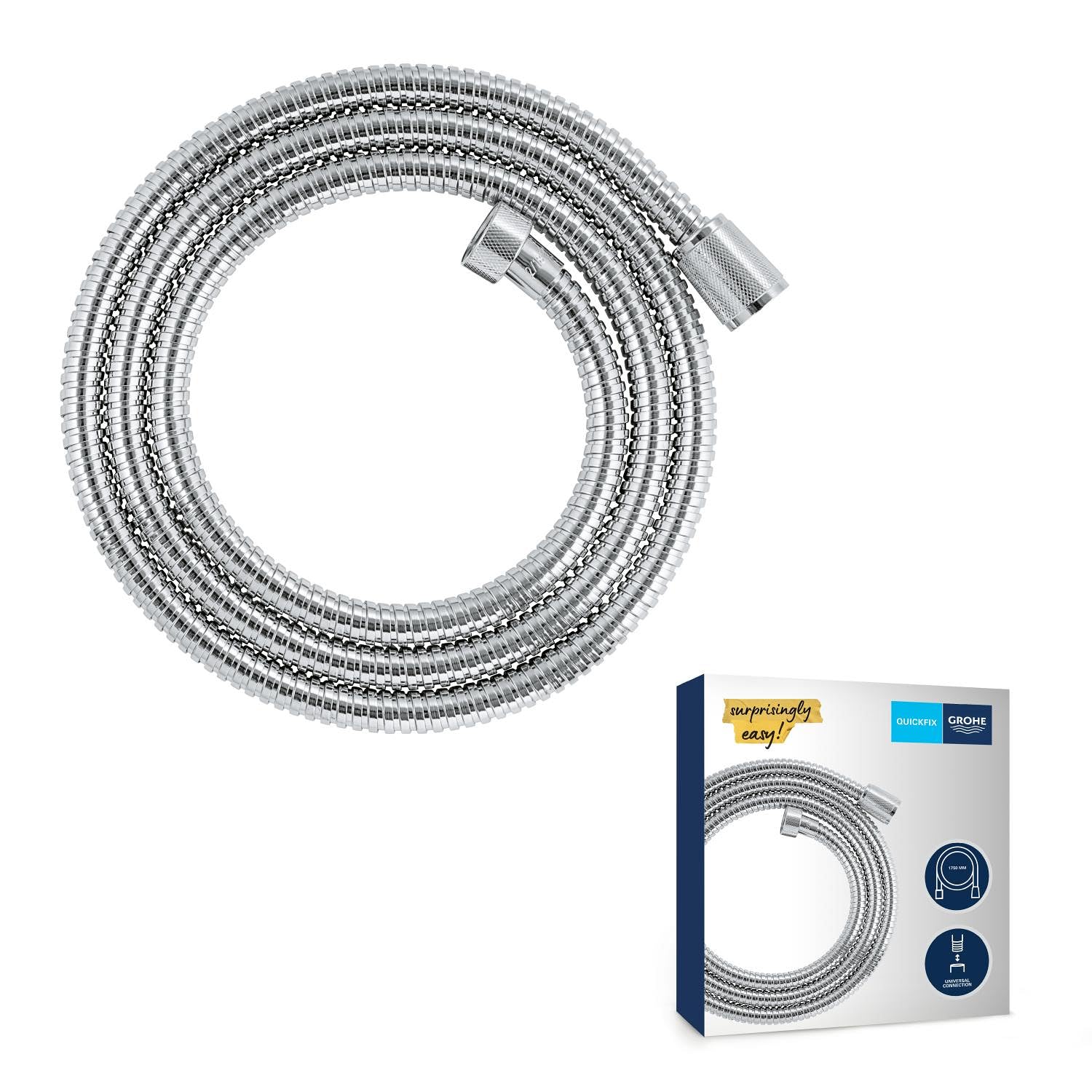 GROHE Flexible tuyau de douche salle de bains VitalioFlex métallique, tuyau de douche 1500mm, anti-pliures, finition brillante, raccord fileté universel 1/2", chromé, 27503001 (Import Allemagne)