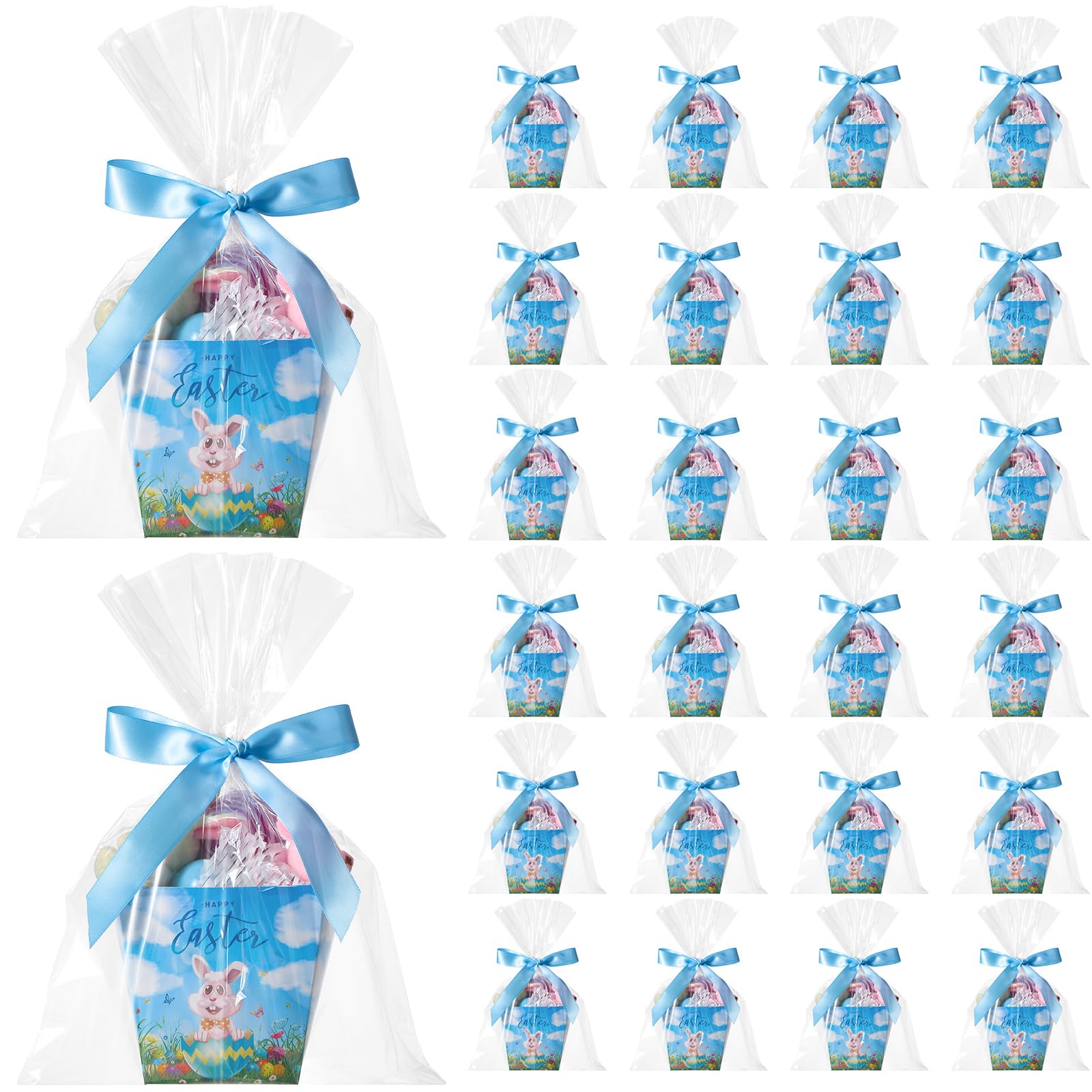 Pajean 24 Pcs Easter Gift Boxes Treat Boxes Open Top Popcorn Favor Boxes Candy Paper Containers with 24 Pcs Clear Gift Bags and 1 Roll Ribbon for Easter Party