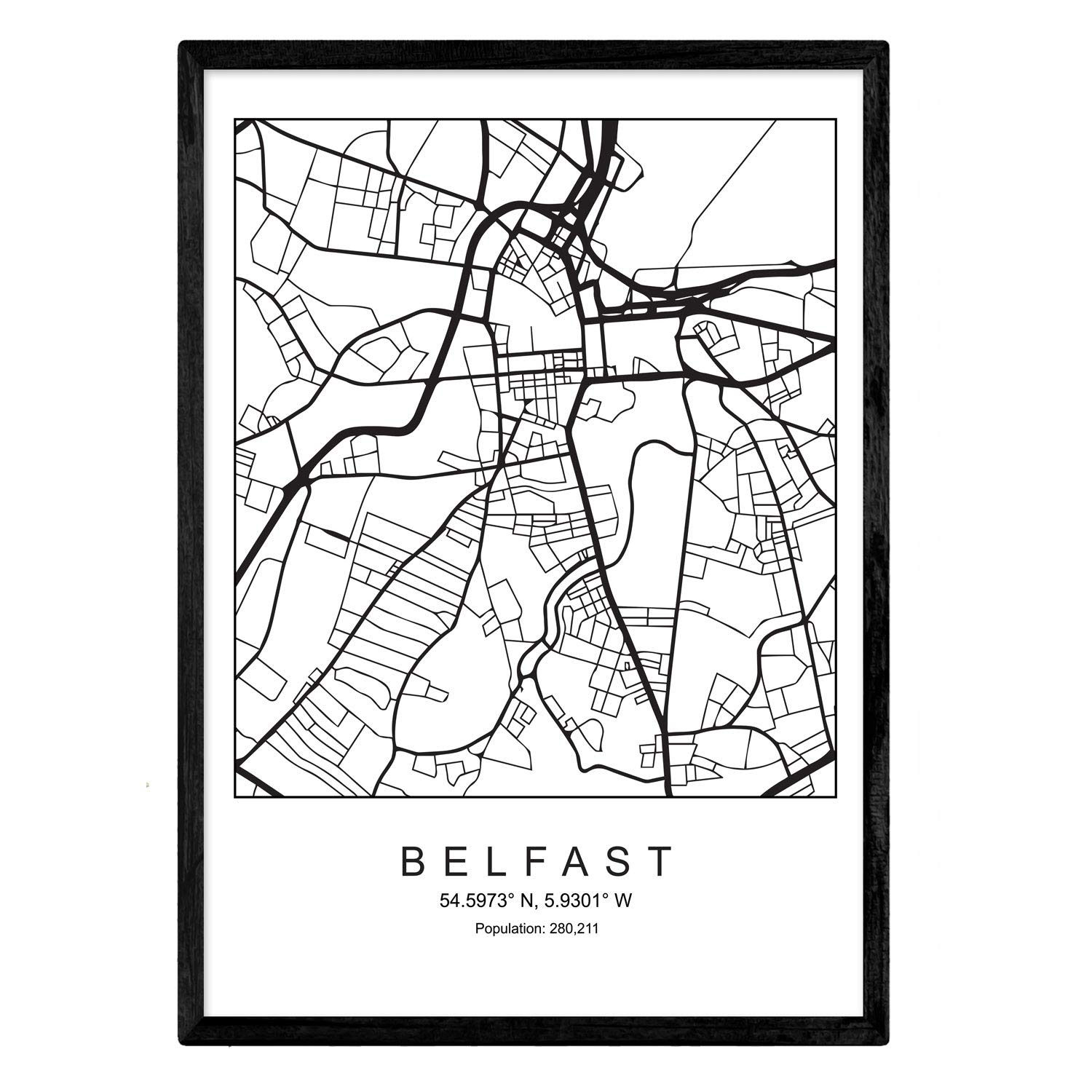 Sheet Belfast city map Nordic style black and white. Poster A4 Printed paper No 250 gr. Paintings, prints and posters for living room and bedroom โ image 1