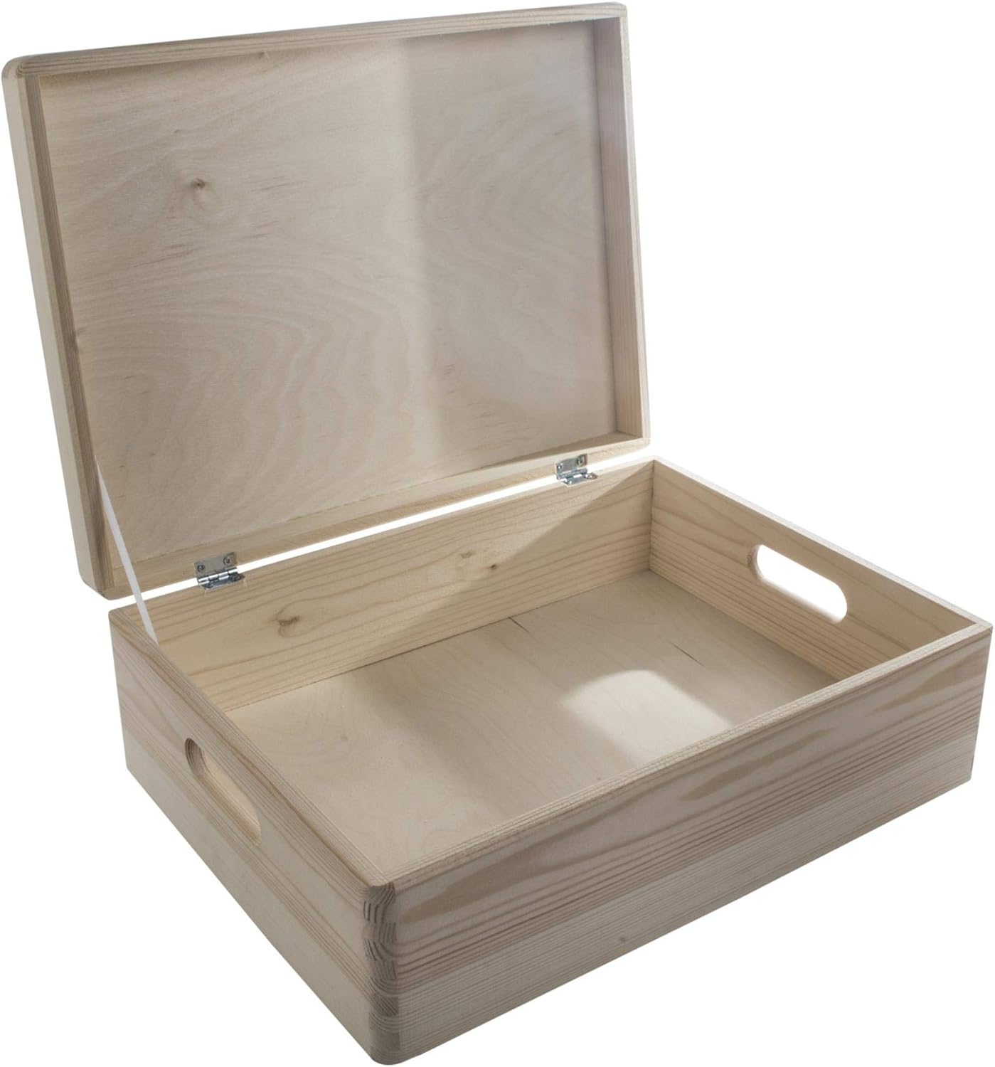Large Unpainted Wooden Storage Box 40 x 30 x 14 cm Cutout Handles, Hinged Lid & Holding