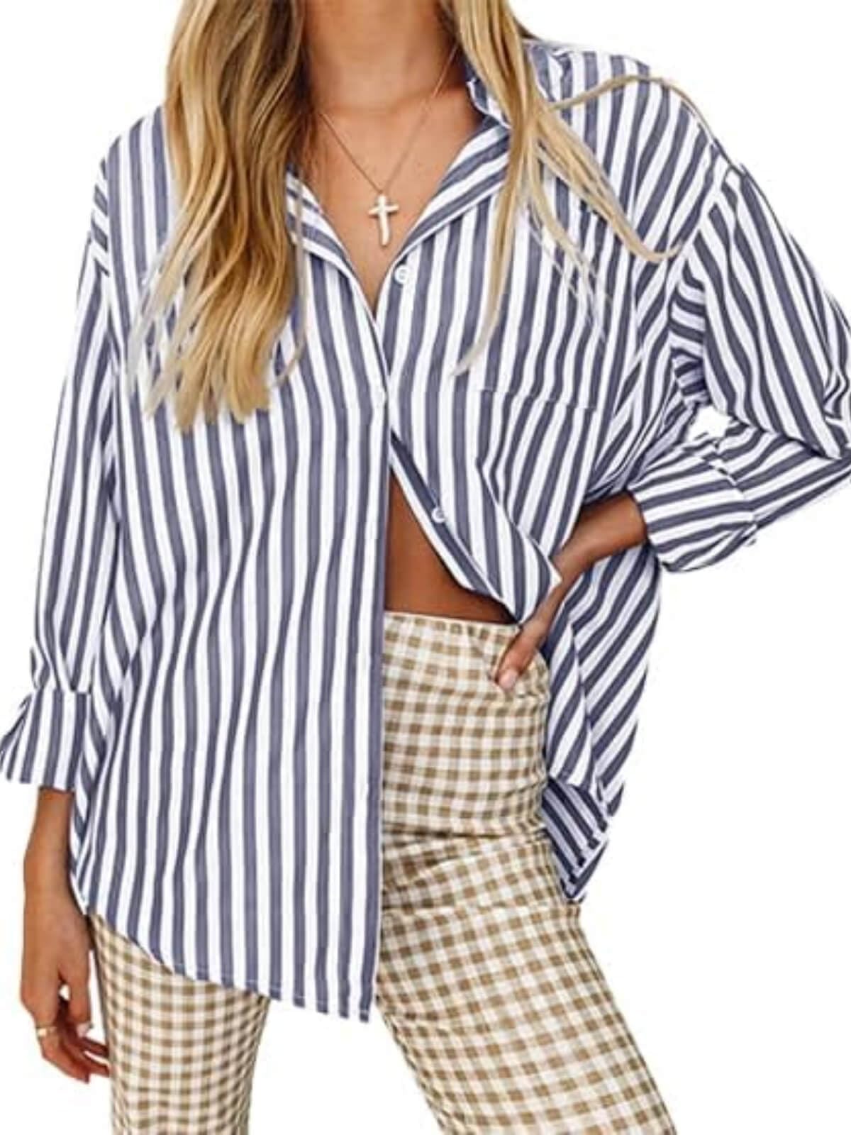 Cicy Bell Damen Blusen Gestreifte Langarm Hemden Streifen Oberteile T-Shirt Elegant V-Ausschnitt Button Down Einfarbig Casual Tops