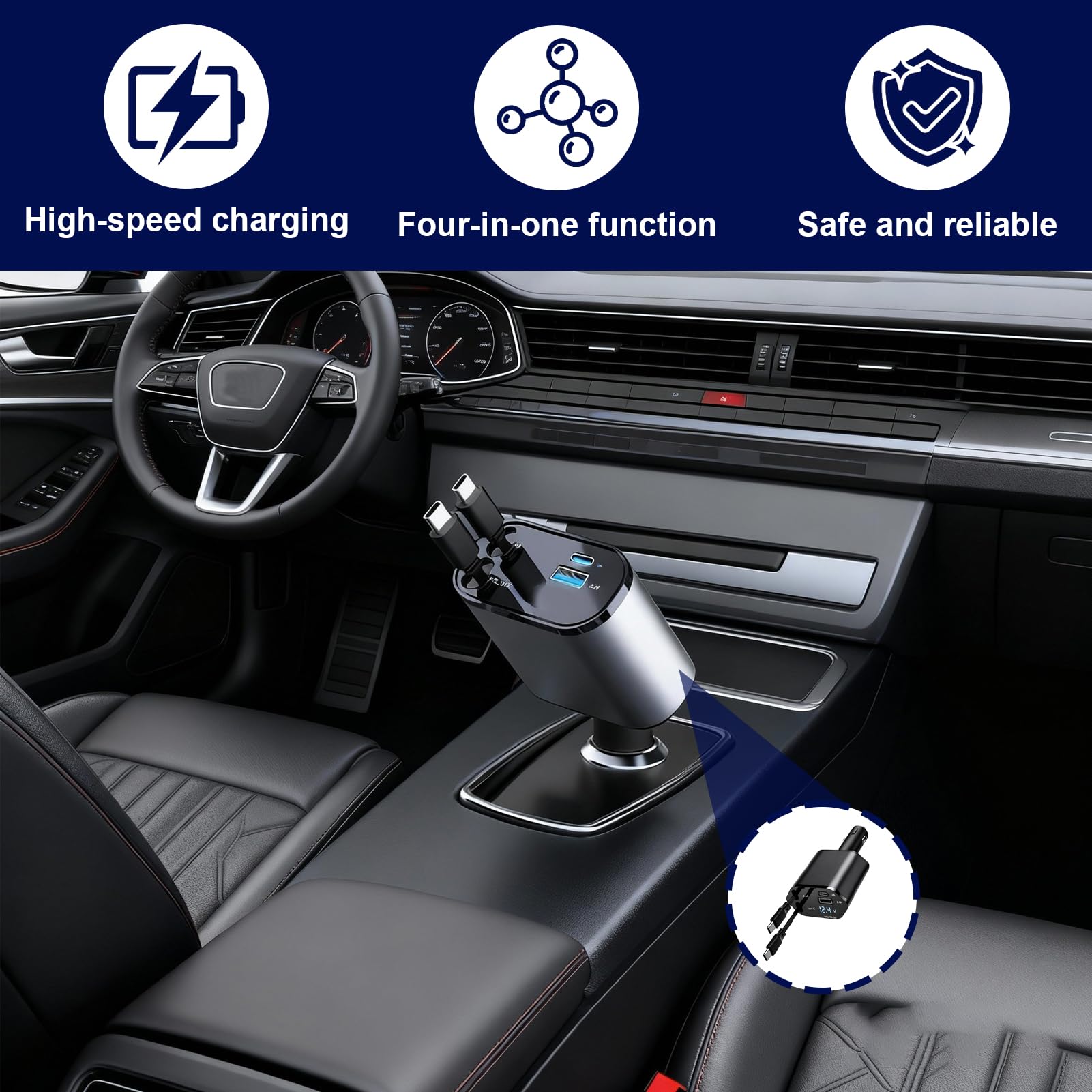 Adattatore accendisigari USB 4 in 1 con 2 cavi PD Tipo C 30W 20W USB-A USB-C caricatore retrattile per auto