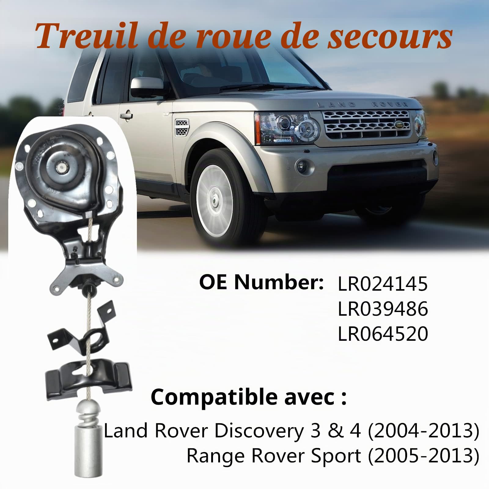 Bisenya Mécanisme de treuil de roue de secours LR039486 LR064520 compatible avec Discovery 3 et 4, R-ange R-over Sport LR024145