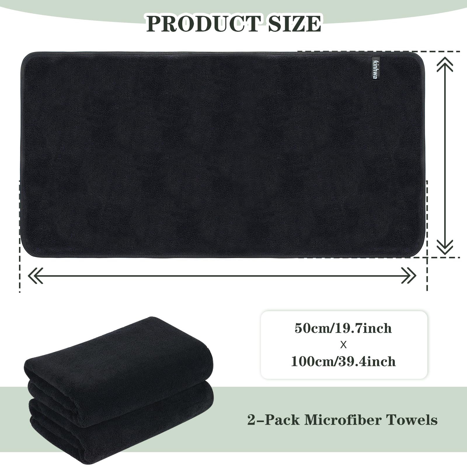 KinHwa Asciugamani in microfibra, 50 x 100 cm, set da 2 pezzi, nero | assorbente, senza pelucchi, morbido, ad asciugatura rapida, con gancio, per capelli e corpo