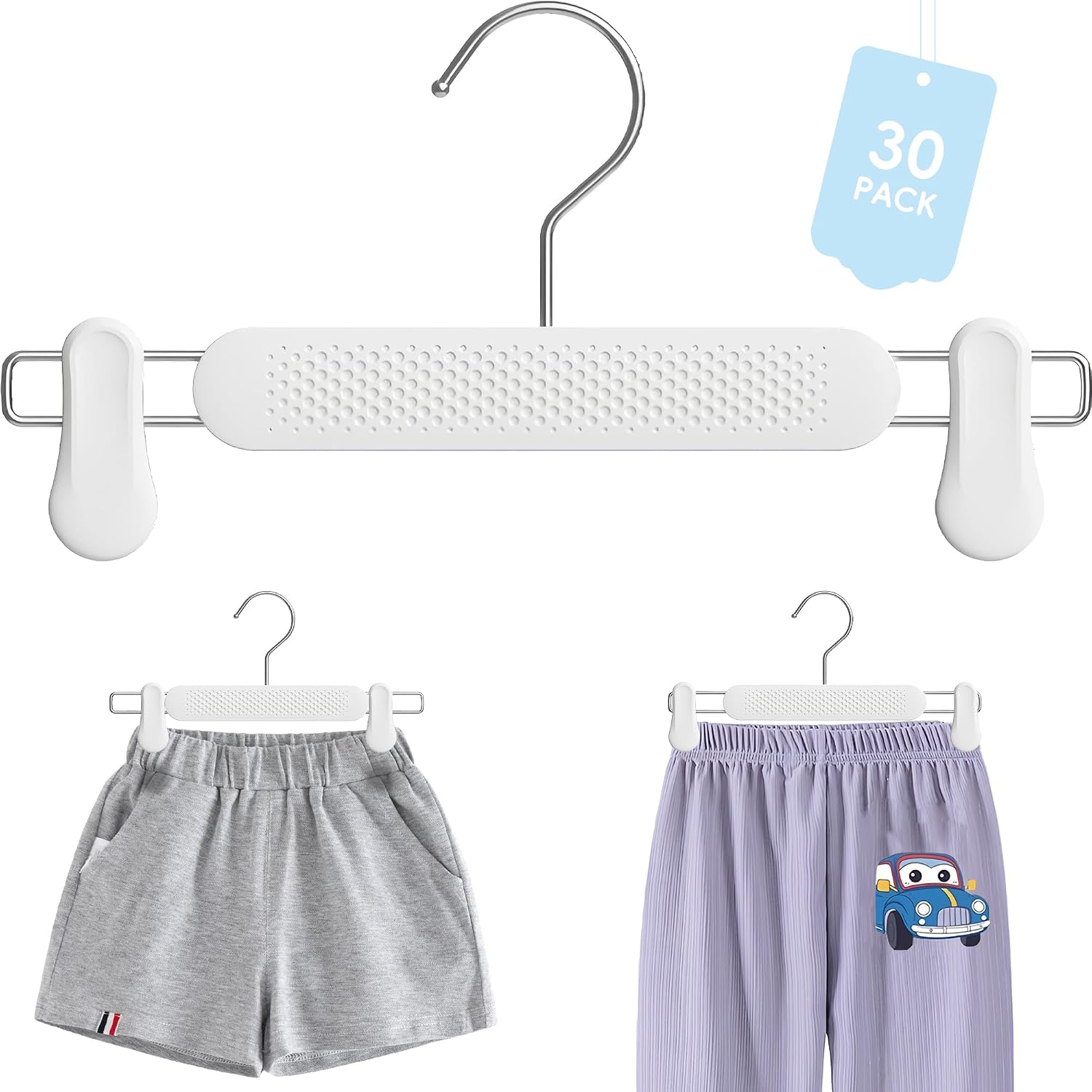 Baby Kids Pants Hangers with Clips 30 Pack, Frosted Embossing Adjustable Heavy Duty Skirt Hangers for Women Toddler, Children, Space Saving Non-Slip with 360° Swivel Hook (White)