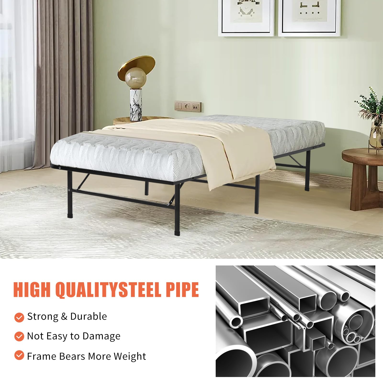 BLKMTY Bed Frame Twin Size Foldable Metal Platform Beds Steel Slat Bed Frame Mattress Foundation with Support Up to 500lbs No Box Spring Needed/Noise Free Heavy Duty Metal Bed Frames, Black