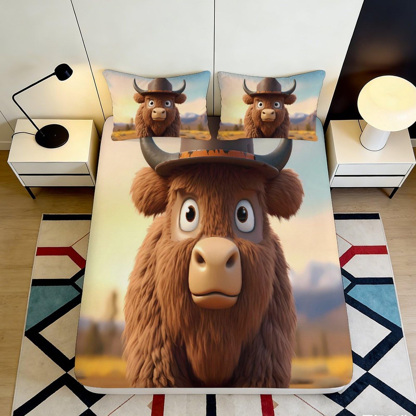 3D Printed Cartoon Yak Fitted Sheet Microfiber Soft Breathable Cowboy Animal Bed Cover for Bedroom Guest Room Decor 90x200x25cm
