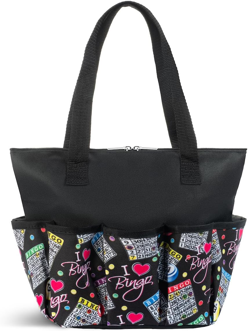 I Love Bingo Black Tote Bag with 10 Pockets for Daubers, Dabbers, Markers & Accessories – Bingo Bag with Zipper