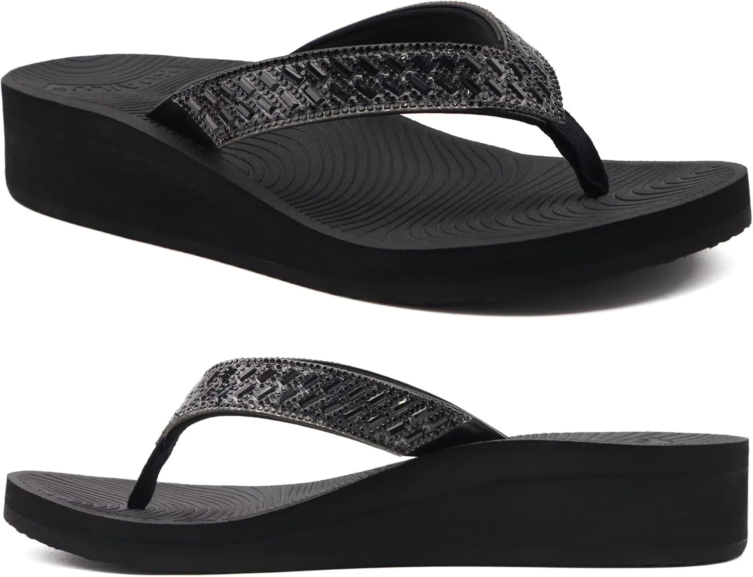 KuaiLu Womens Dressy Rhinestone Platform Flip Flops Trendy Comfortable Arch Support Cushion Walking Bling Thong Sandals Ladies Memory Foam Wedge Orthotic Plantar Fasciitis Summer Pool Beach Black 9