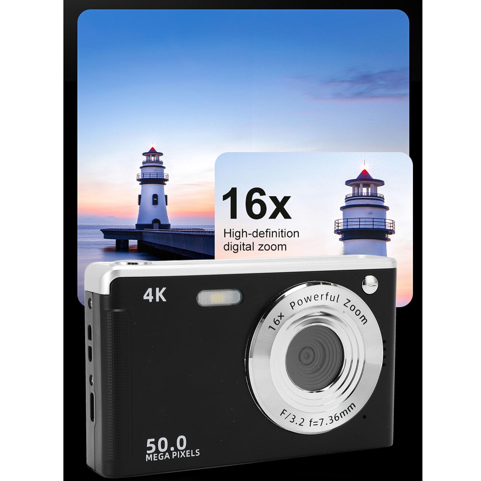 Camera Digitale 4K, Fotocamera Vlogging a Fuoco Automatico da 50 MP con Luce di Riempimento Zoom 16x, Punto Compatto e Scatta per YouTube (BLACK)