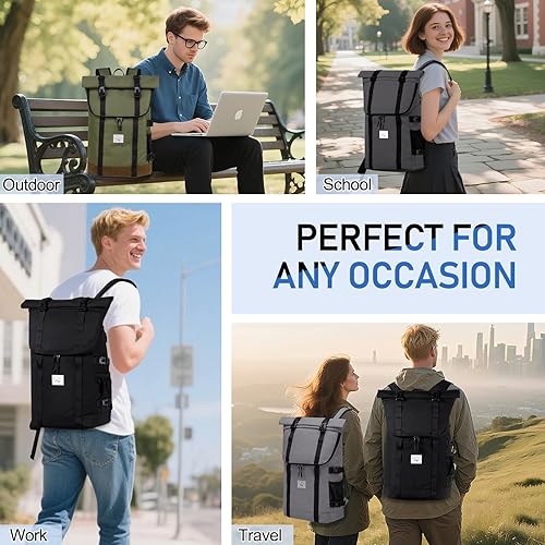 Miniatura 6 de Kasqo Mochila enrollable para hombres, mochila grande resistente al agua, para laptop, mochila informal para la escuela, viajes, mujer, color negro
