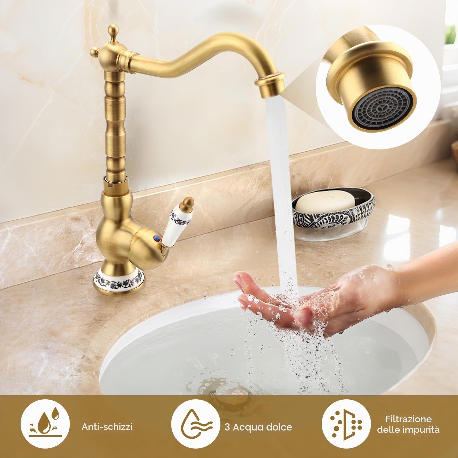 Rubinetto Cucina Ottone Antico Monocomando,Rubinetto Bagno Lavabo Vintage Monocomando in Ceramica,rubinetti stile antico,Calda e Fredda del Rubinettoda Cucina O In Bagno,Girevole a 360°,Bronzo