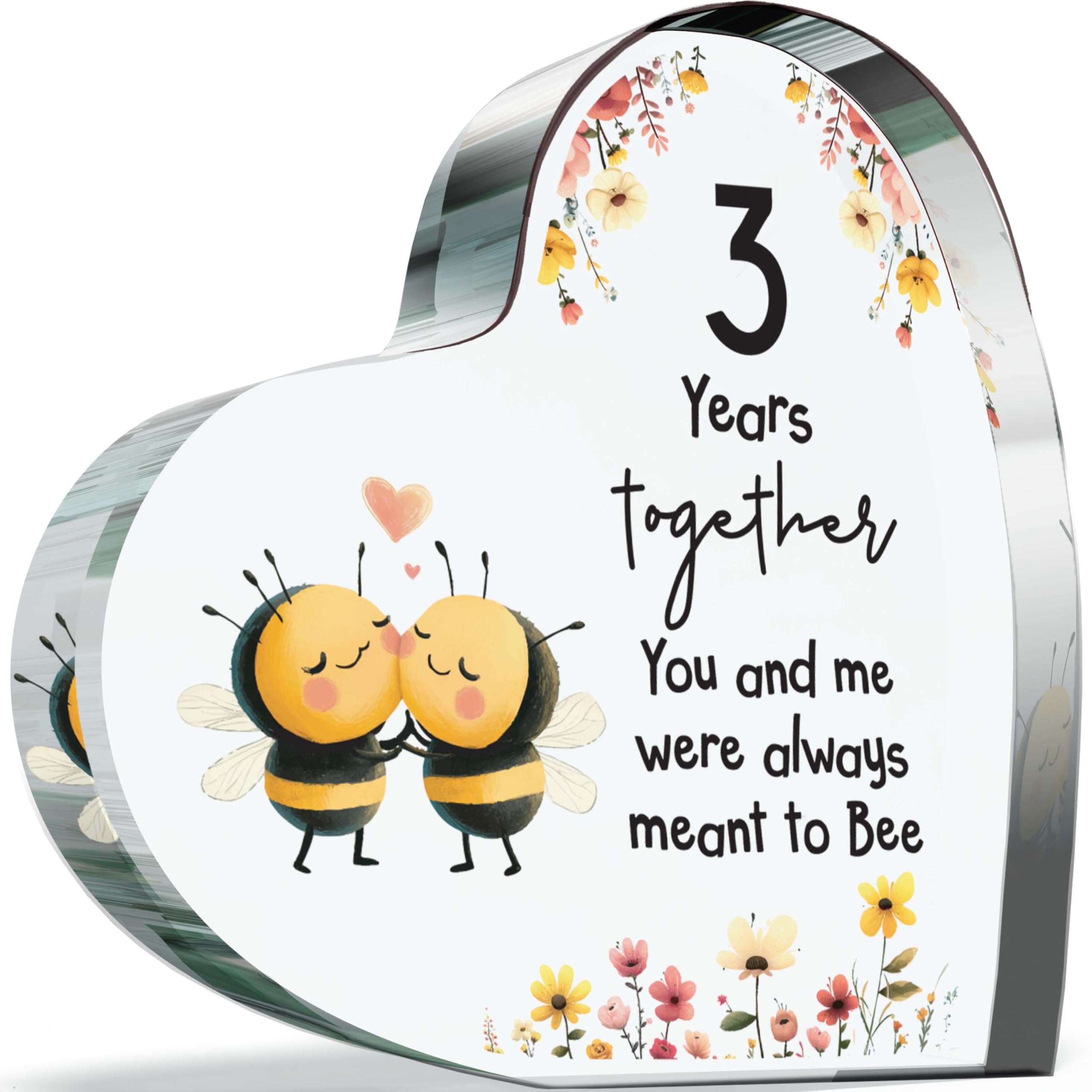 Giftzie Women's 03 Leather Anniversary Plague Gifts For Husband Wife - Meant To Bee - Happy 3Rd Wedding Anniversary Present For Partner, 100Mm Acrylic Heart Keepsake For Third Anniversaries