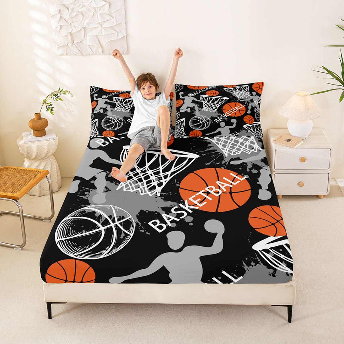 Basketball Fitted Sheet for Kids Boys Girls Teens Sport Theme 3D Basketball Star Bed Sheet Set Skin-Friendly Microfiber Bed Cover Decor 3Pcs Bedding Set with 2 Pillowcases Full-image-21