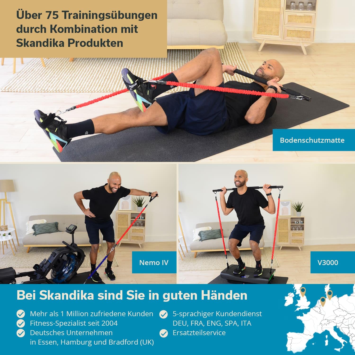 Skandika Multi-Widerstandsbänder mit Stange | Pilates Bar mit Resistance Bands, Krafttraining, 3 Widerstandsstufen, Online Trainingsguide, viel Zubehör, Fitnesstraining, nutzbar mit Nemo IV und V3000