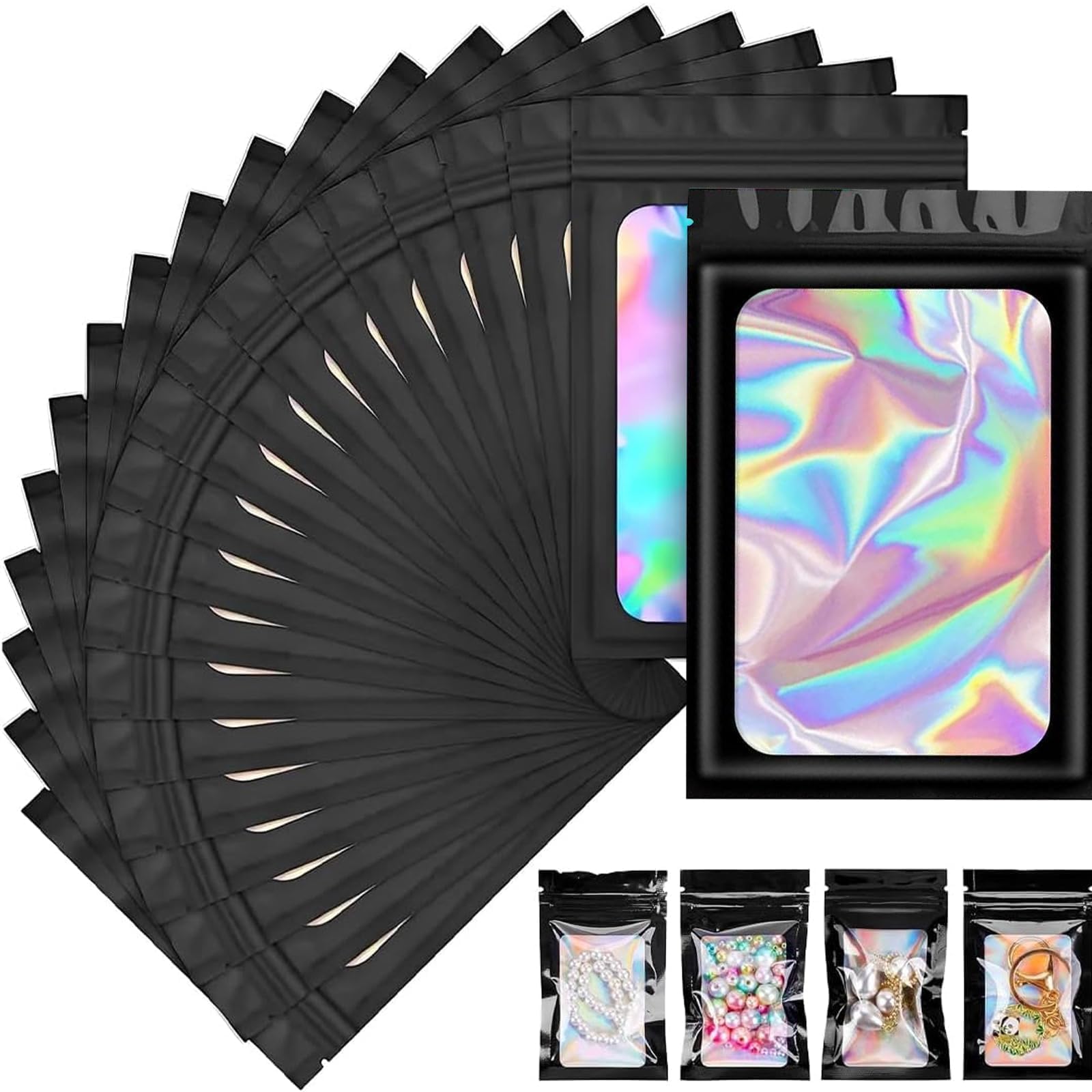 Oonoywoo Holographic Rainbow 120Pcs Mylar Bags, Black Mylar Bags With Window, Foil Ziplock Resealable Smell Proof Bag Resealable For Coffee Beans, Candy, Cookies, Jewelry, 7.5 X 12Cm