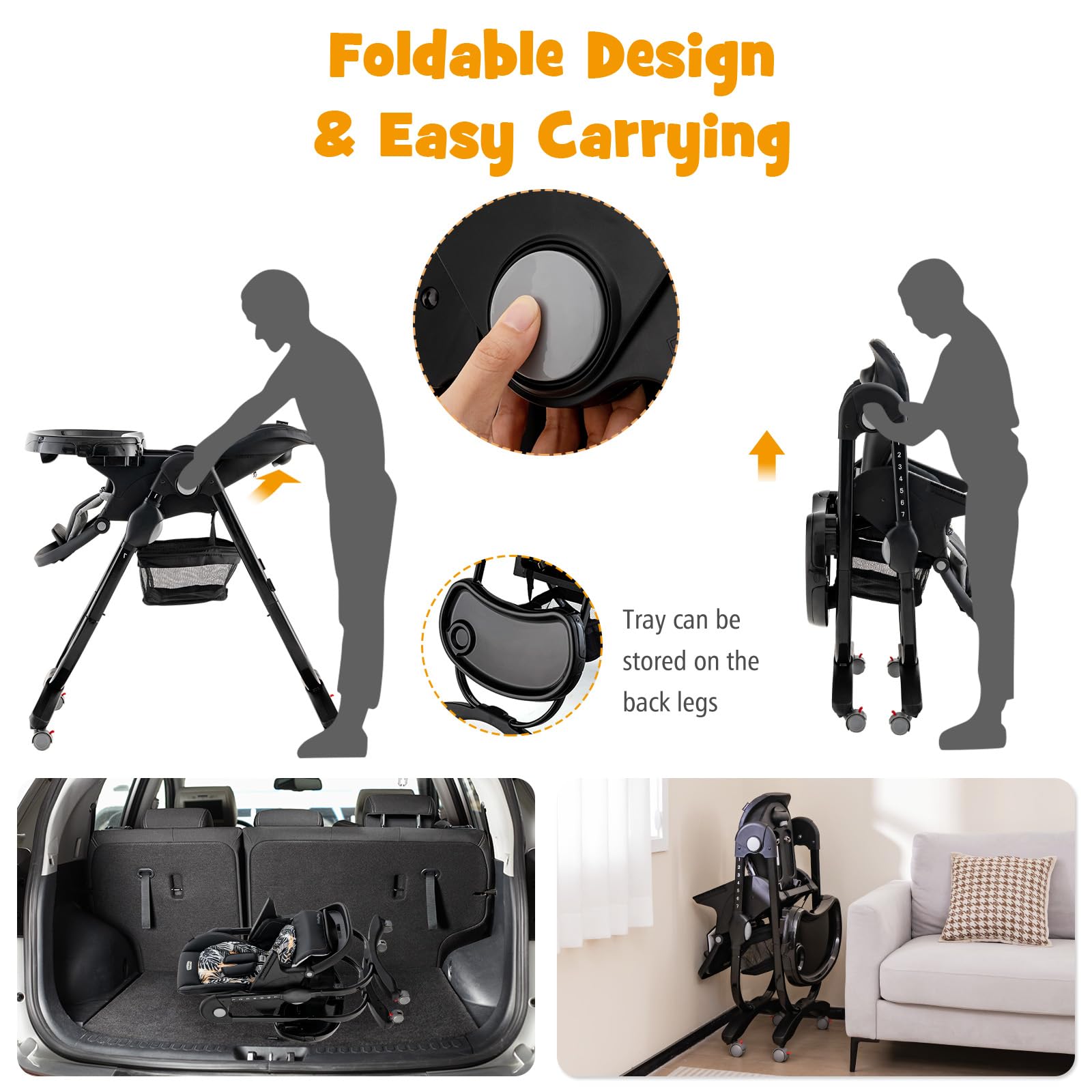 LIFEZEAL Trona Plegable con 7 Posiciones de Ajuste de Altura, Respaldo Reclinable, Trona Evolutiva con Cojín Confort, Doble Bandeja, Articulada, 6-36 meses, Capacidad 15 kg (Negro)