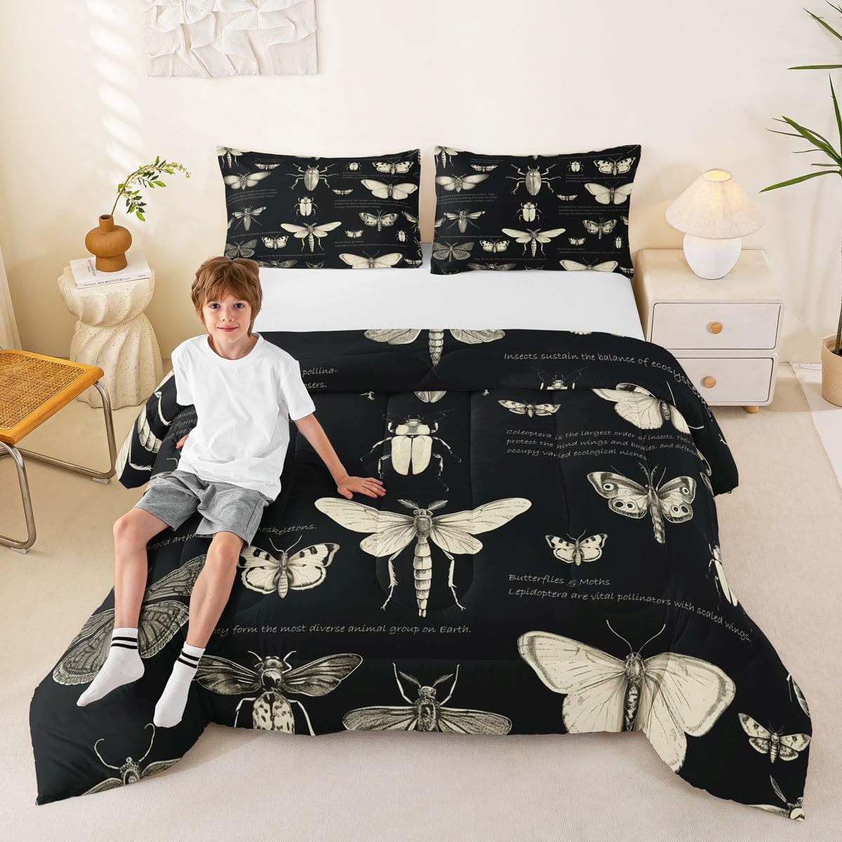 Butterfly Moth Insects Comforter Set Full Size,Bug Beetles Entomological Quilt Set for Kids Boys Teens Men Bedroom Decor,Nature Animal Bedding Set Retro Black Brown Duvet Insert,2 Pillowcases image 3