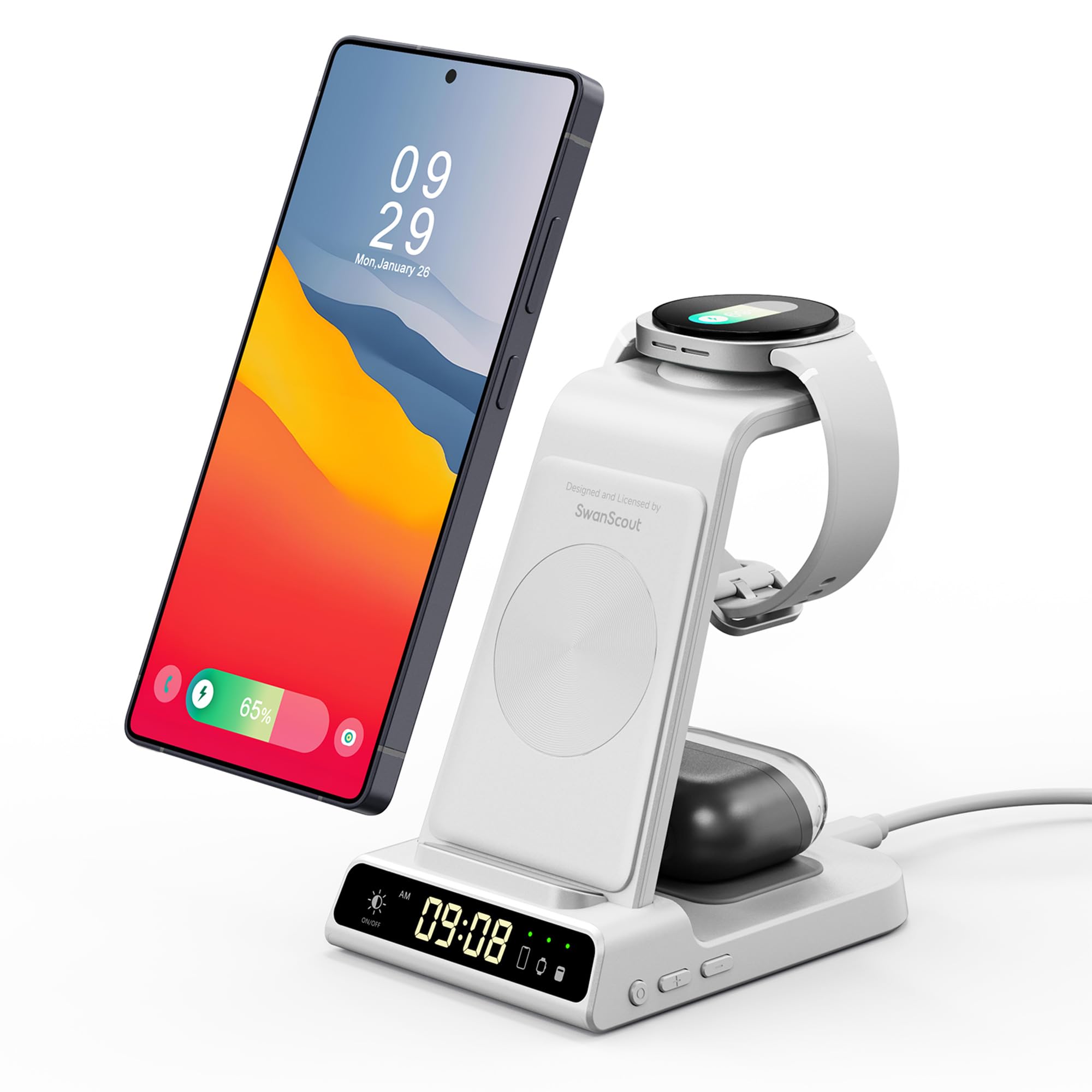 Chargeur Induction pour Samsung S26 Ultra/S26+/S26/S25/S24/S23/Z Flip7, Station de Charge sans Fil 3 en 1 pour Galaxy Watch 8/8 Classic/Ultra/7/6/5 Pro, Galaxy Buds4 Pro/4/3 (sans Adaptateur)