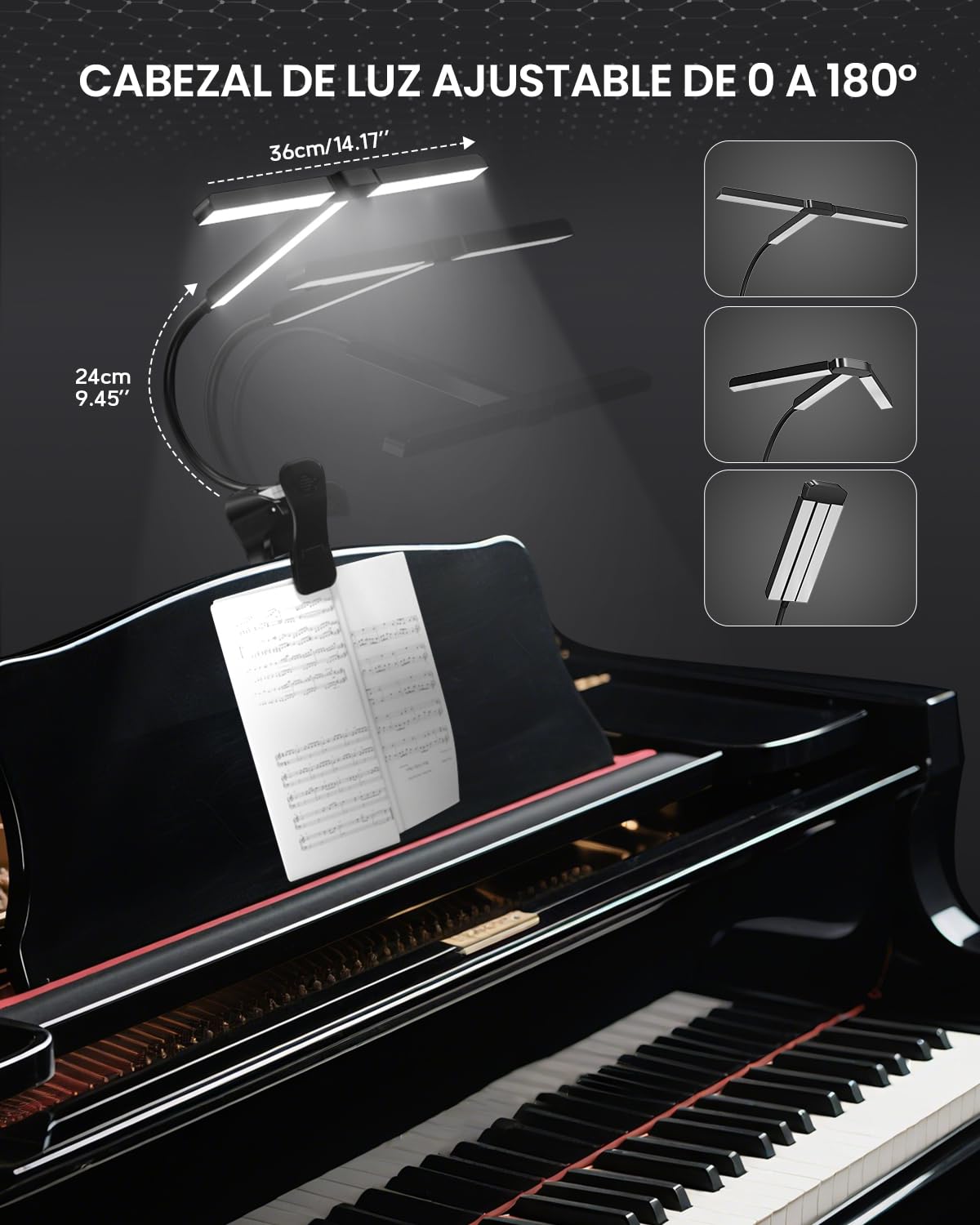Ultra-Amplia 36CM Lampara Atril Partituras con Pinza, 57 LED Superbrillantes, 4 Colores x 3 Brillos, Plegable Forma-T Lámpara de Piano para Partituras y Lectura de Libros, Recargable USB-C