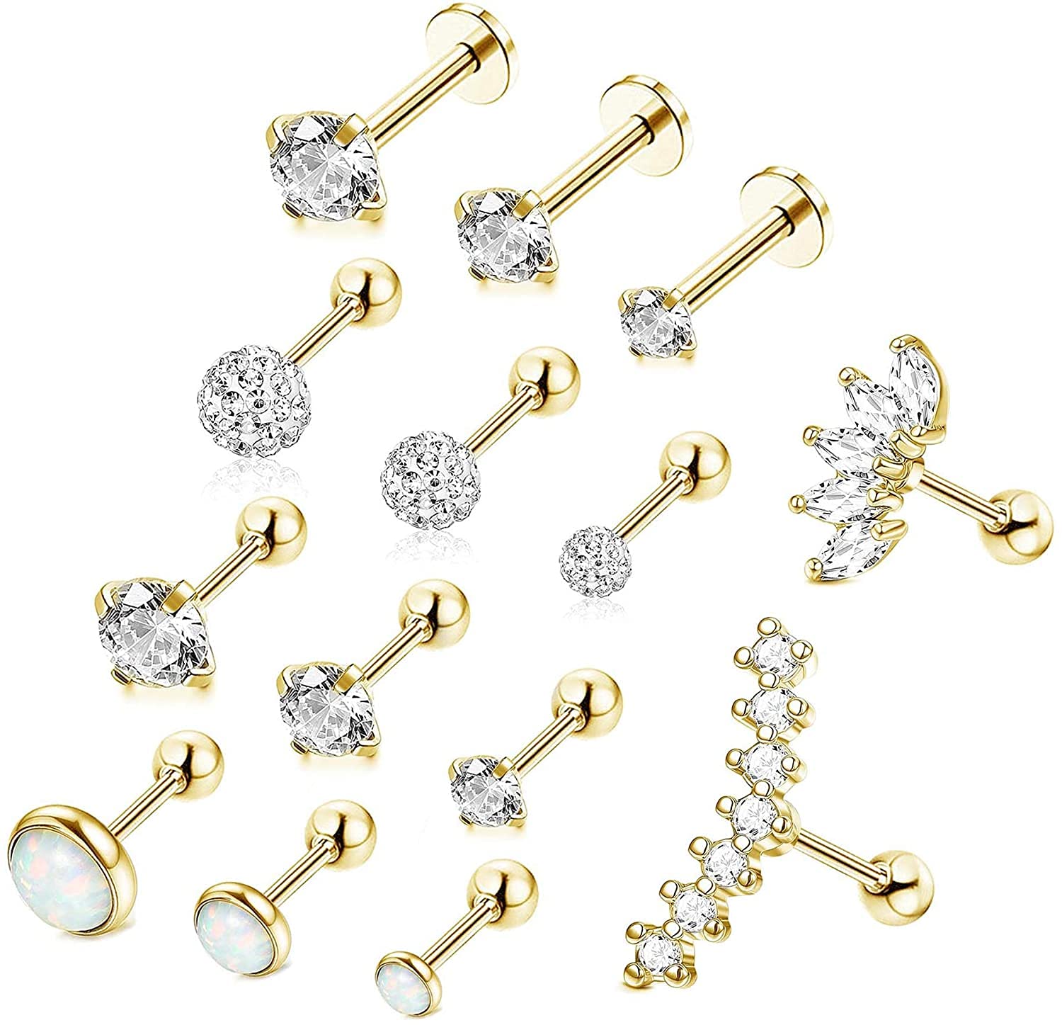 LOLIAS 14 Piezas 16G Acero Inoxidable Zirconia Cúbica Cartílago Oreja Pendientes Bola Hélice Pendientes Conjunto Tachuelas para Mujeres Hombres Tragus Pendiente Piercing Joyería