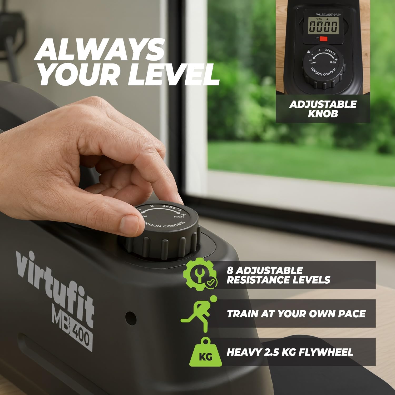 VirtuFit MB400 trenażer pedałów – magnetyczny trener ruchu ramion i nóg – 8 poziomów oporu – kompaktowy i stabilny – wyświetlacz LCD – koło zamachowe 2,5 kg – rehabilitacja i senior – trener