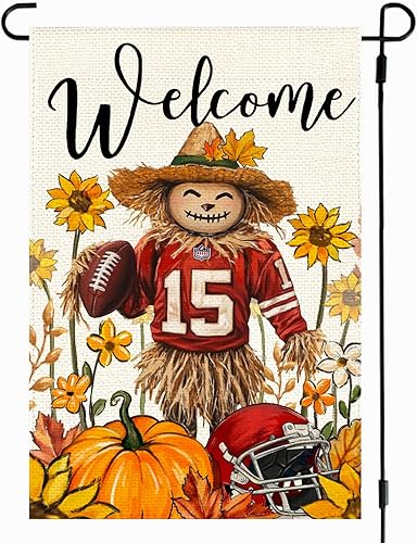 Bandera de jardín de espantapájaros de otoño de 12 x 18 pulgadas, doble cara exterior, Acción de Gracias, fútbol, bienvenida, otoño, calabaza,