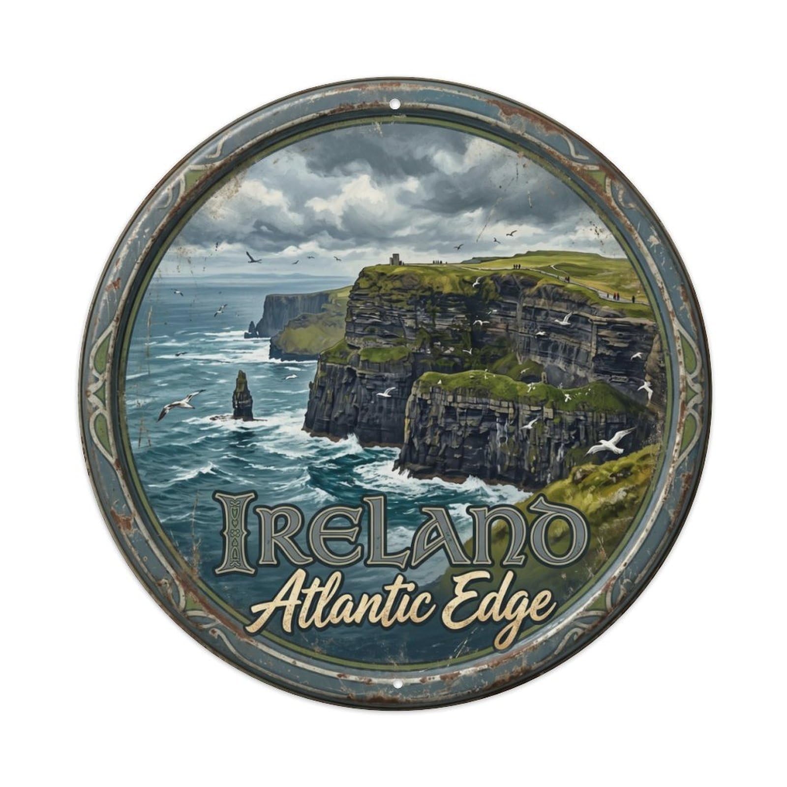 Vintage Travel Cliffs Moher Ireland Metal Tin Sign Plaque Wall Decor for Cafe, Club, Garden Round Metal Poster 8x8Inch