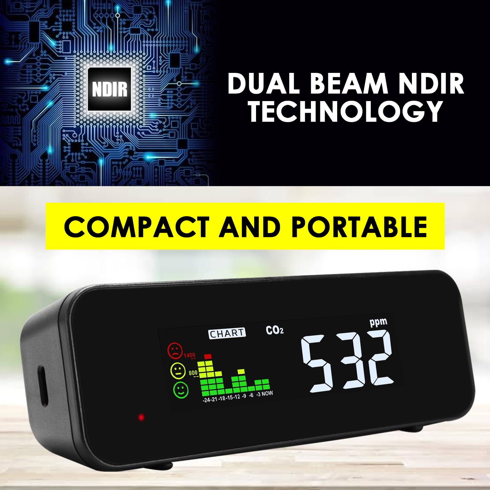 Moniteur de qualité de l'air NDIR CO2/température avancé à double faisceau avec écran LED 3 couleurs – Capteur précis pour une évaluation complète de la qualité de l'air