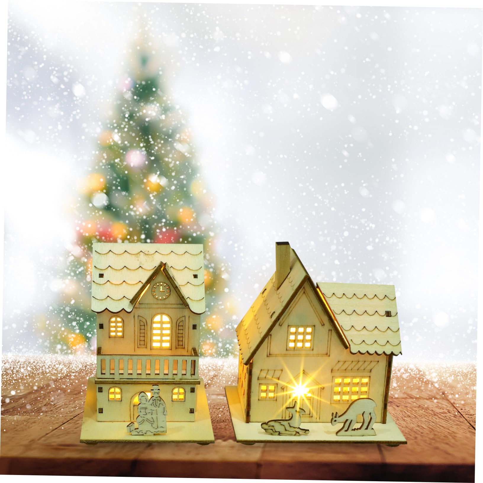 Decoración Navideña De Cabaña Luminosa De Madera 3 Piezas Decoración De Casa De Madera