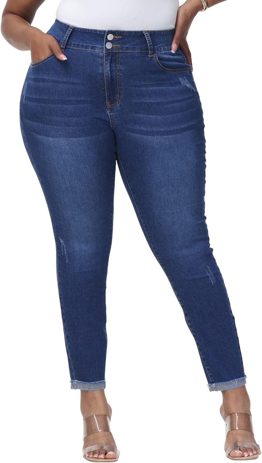 Womens Plus Size Skinny Jeans High Waisted Stretchy Classic Ankle Jean