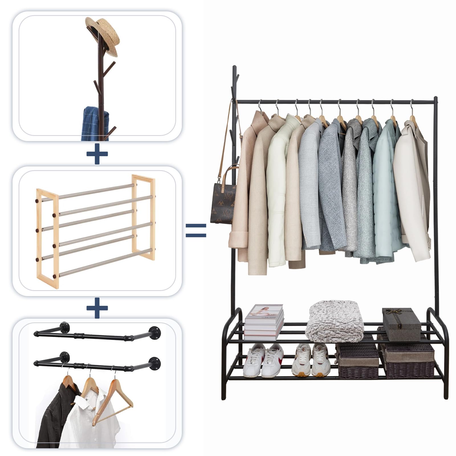 Free standing clothes rack for hanging clothes, heavy duty iron coat rack with shoe shelf and hooks, triangle frame, load 100kg (Color : Beige, Size