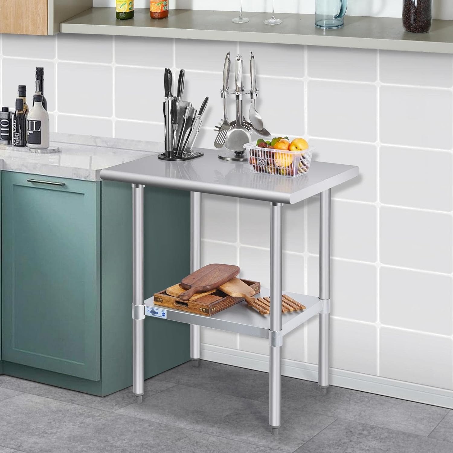 30" Square Satin Stainless Steel Work Table with Undershelf