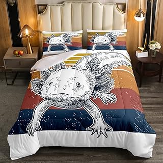 Erosebridal White Axolotl Bedding Set Twin Size Cute Axolotl Comforter Set Kawaii Wildlife Animals Pet Down Comforter for Kids Boys Girls Bedroom Decor Gift Rainbow Striped Cartoon Quilt Set