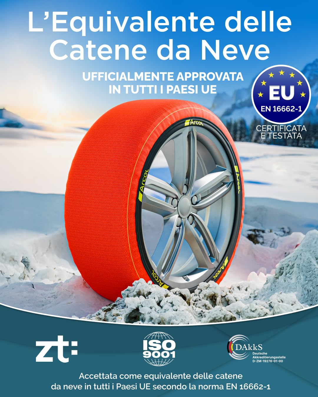 ARCOL Calze da Neve Omologate Italia EN 16662-1 - Due Catene da Neve in Tessuto per Auto. Snow Sock Taglia XL per R14 - R22 (Misure per Pneumatici Dettagliate all'Interno) (Control, XL)