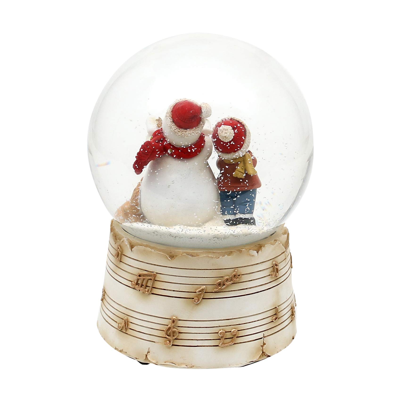 Dekohelden24 Bola de Nieve – Muñeco de Nieve con niño y Trompeta – sobre Base con Notas Musicales y Mecanismo Musical, melodía: Oh du Alegre, Dimensiones H/B/Bola: 14,5 x 10,5 cm 10 cm. 501869