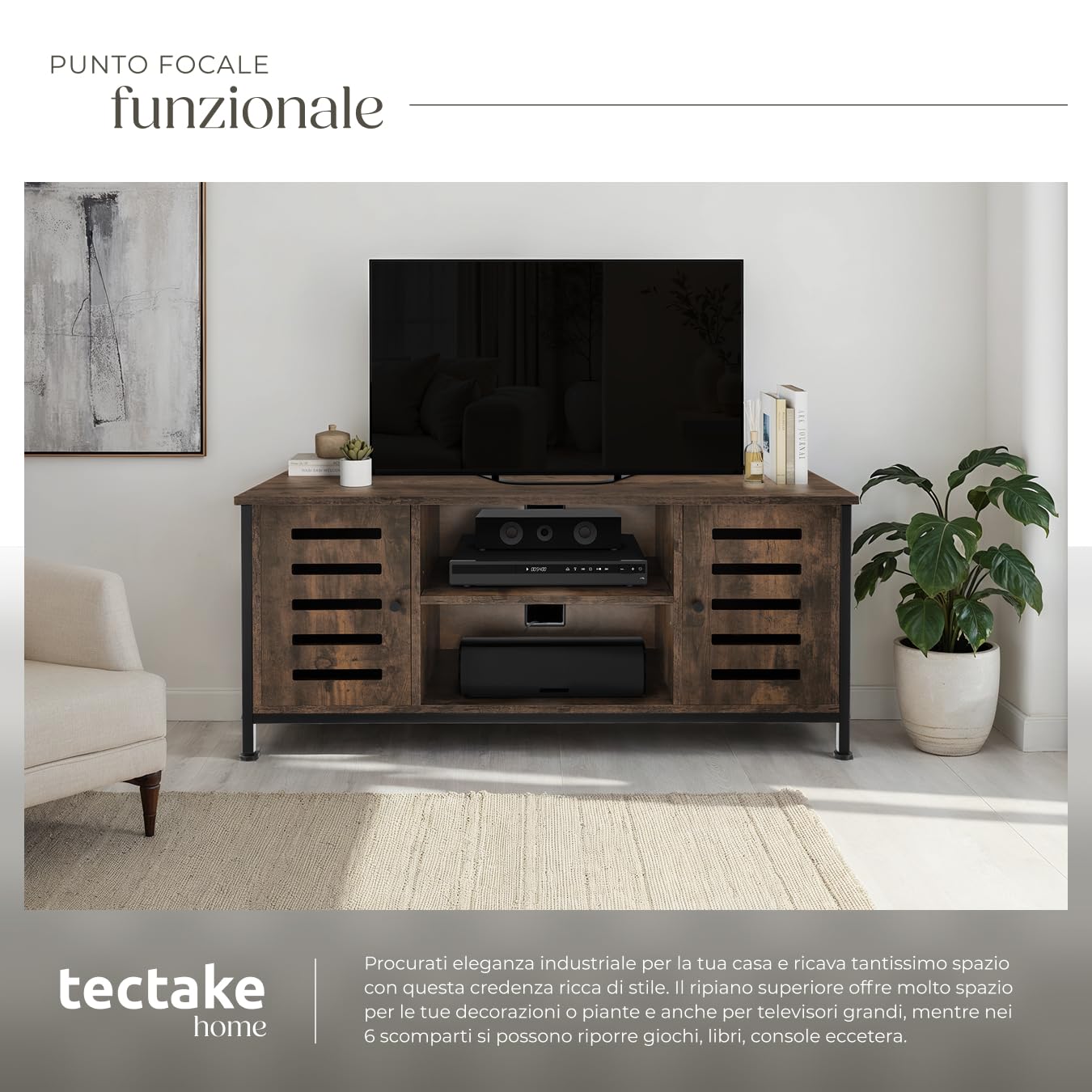 tectake 801106 Mobile da TV Carlow, 2 ripiani con porta, Piedi in plastica regolabili in altezza