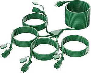 K KASONIC - 46FT Halloween Lights Outdoor Extension Cord with Mutil Outlets, ETL Listed Heavy Duty Electrical Cord with Protective Covers, Weatherproof Extension Cord for Outside, 16AWG/1625W, Green