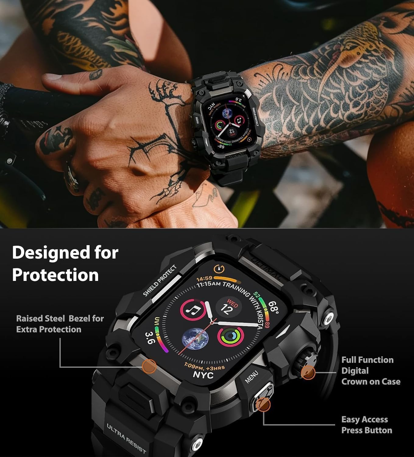 ULTIMAL Rugged Case with Band for Apple Watch Band 45mm,Compatible with Apple Watch Series 9/8/7 45mm,Military Grade Shockproof Bumper Cover for iWatch Tactical Band Men (Black, 45mm) - Image 3