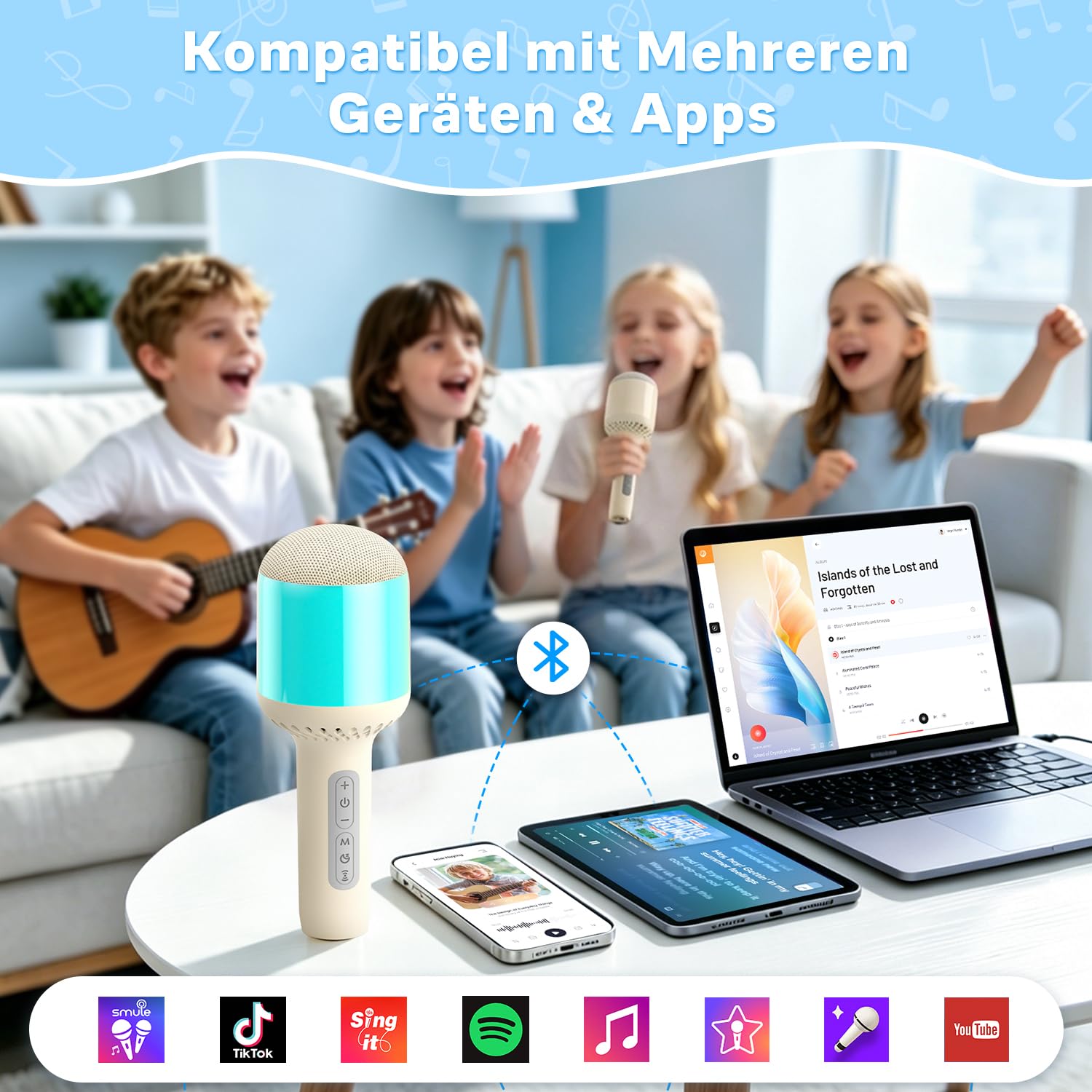 Karaoke Mikrofon Kinder, Karaoke Kinder mikrofon zum Singen, Drahtloses Bluetooth Mikrofon Karaoke mit LED Licht, 6 Soundmodi, 10H Akku, Kompatibel mit Android/iPhone, Für Party/Haus/Geburtstag