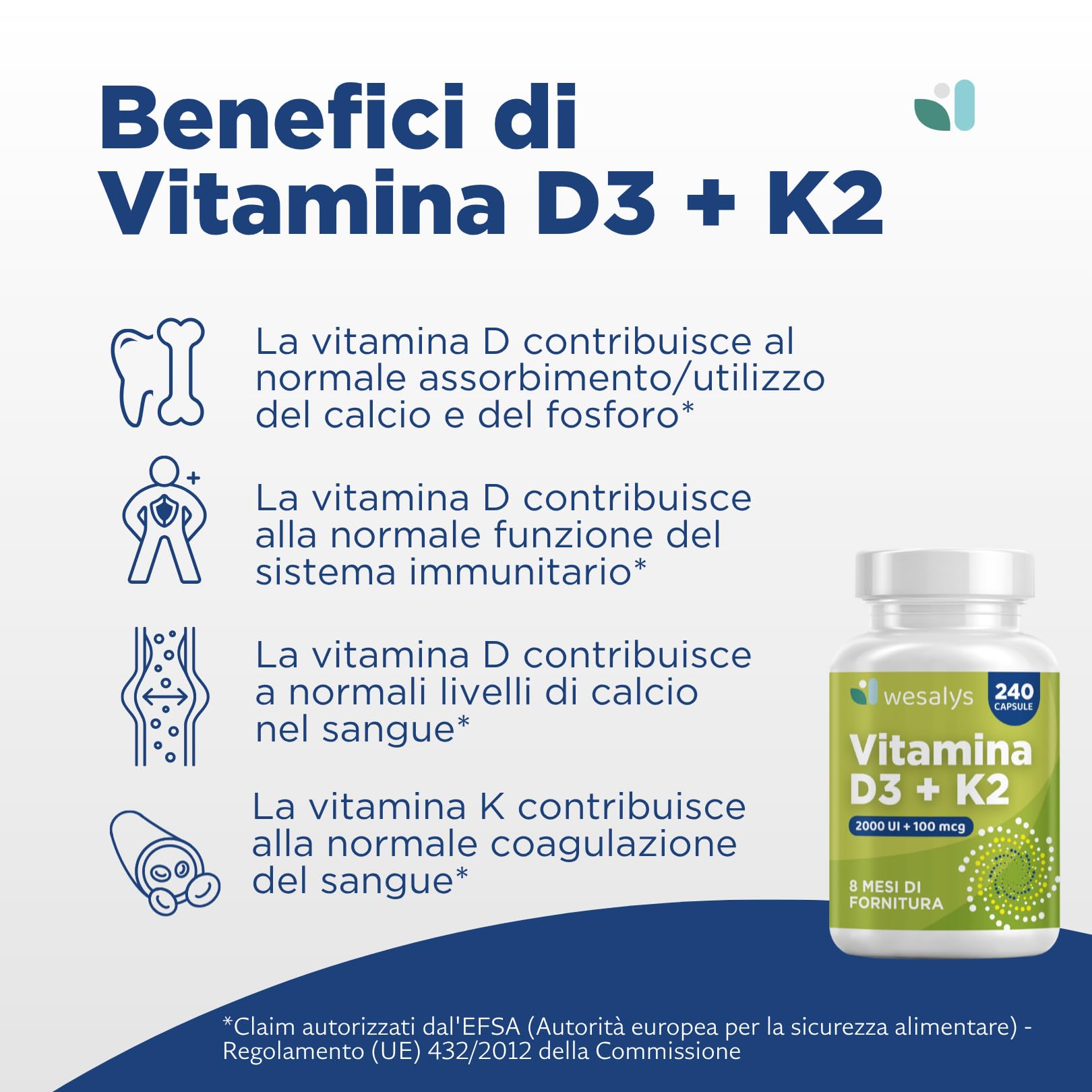 Vitamina D3 K2 240 Capsule (8 Mesi), Vitamin D3 2000 UI + 100 µg Vitamina K Menachinone. La Vitamina K Contribuisce al Mantenimento di Ossa Normali (EFSA). Vit Wesalys