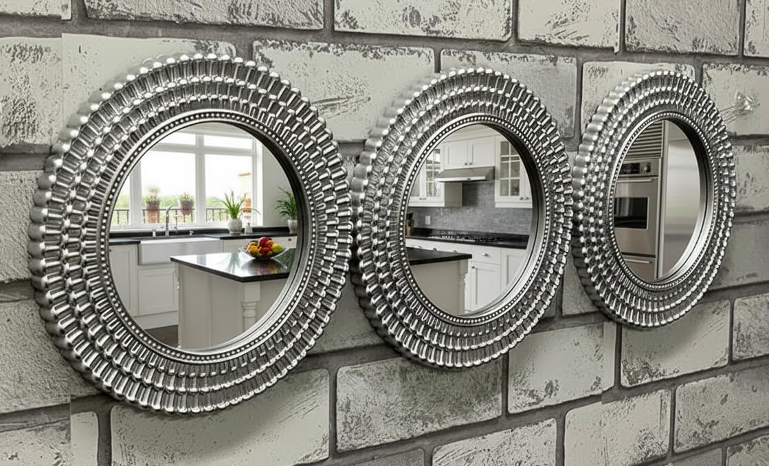 Set Of 3 Silver Moroccan Style Art Deco Round Wall Mounted Mirror Home Decor