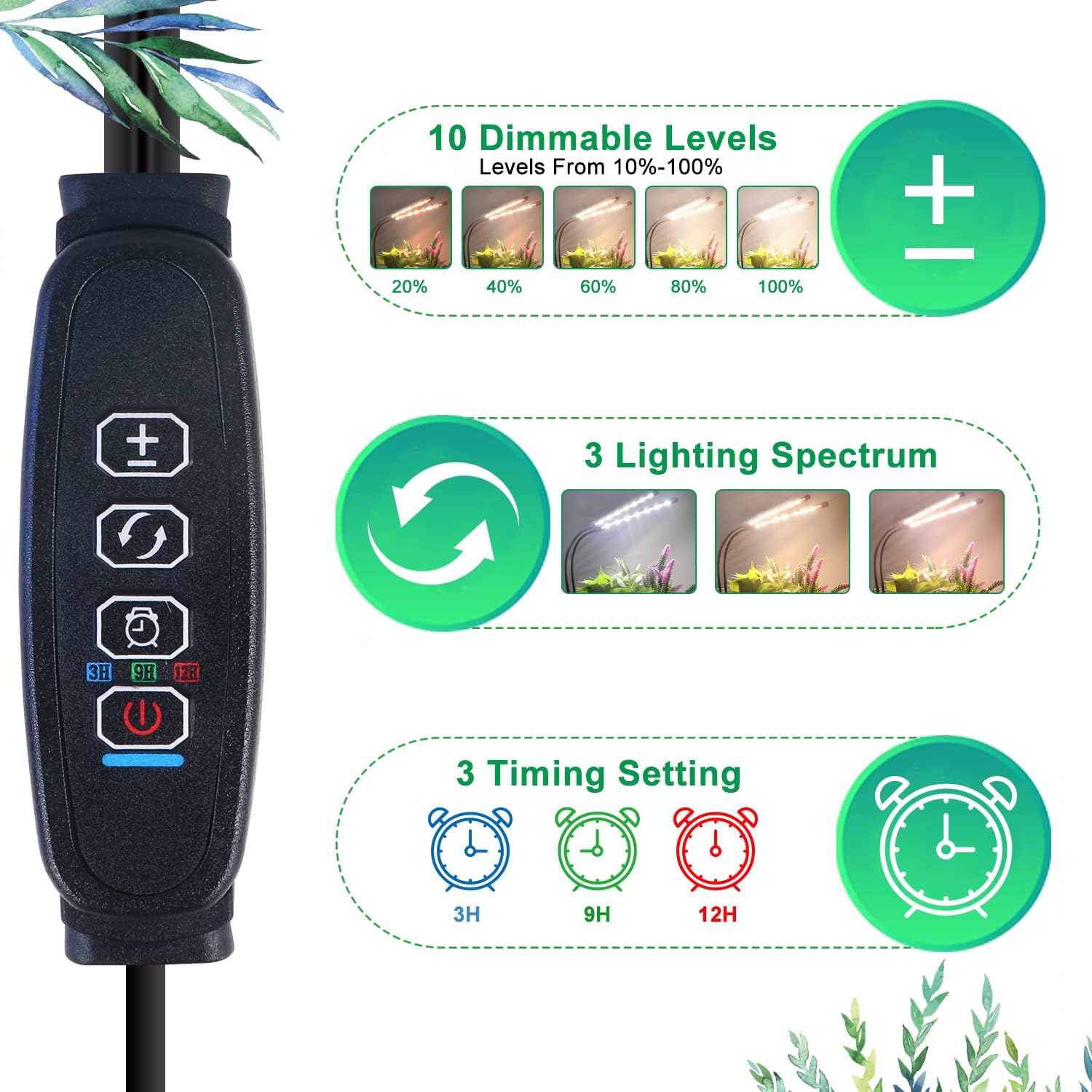 COKOLILA 2 szt. lampa do roślin LED, pełne spektrum światła, 3000 K, 5000 K, 660 nm, lampa do roślin pokojowych z timerem 3/9/12h, 10 jasności, 3 tryby świecenia, idealna dla małych roślin (bez