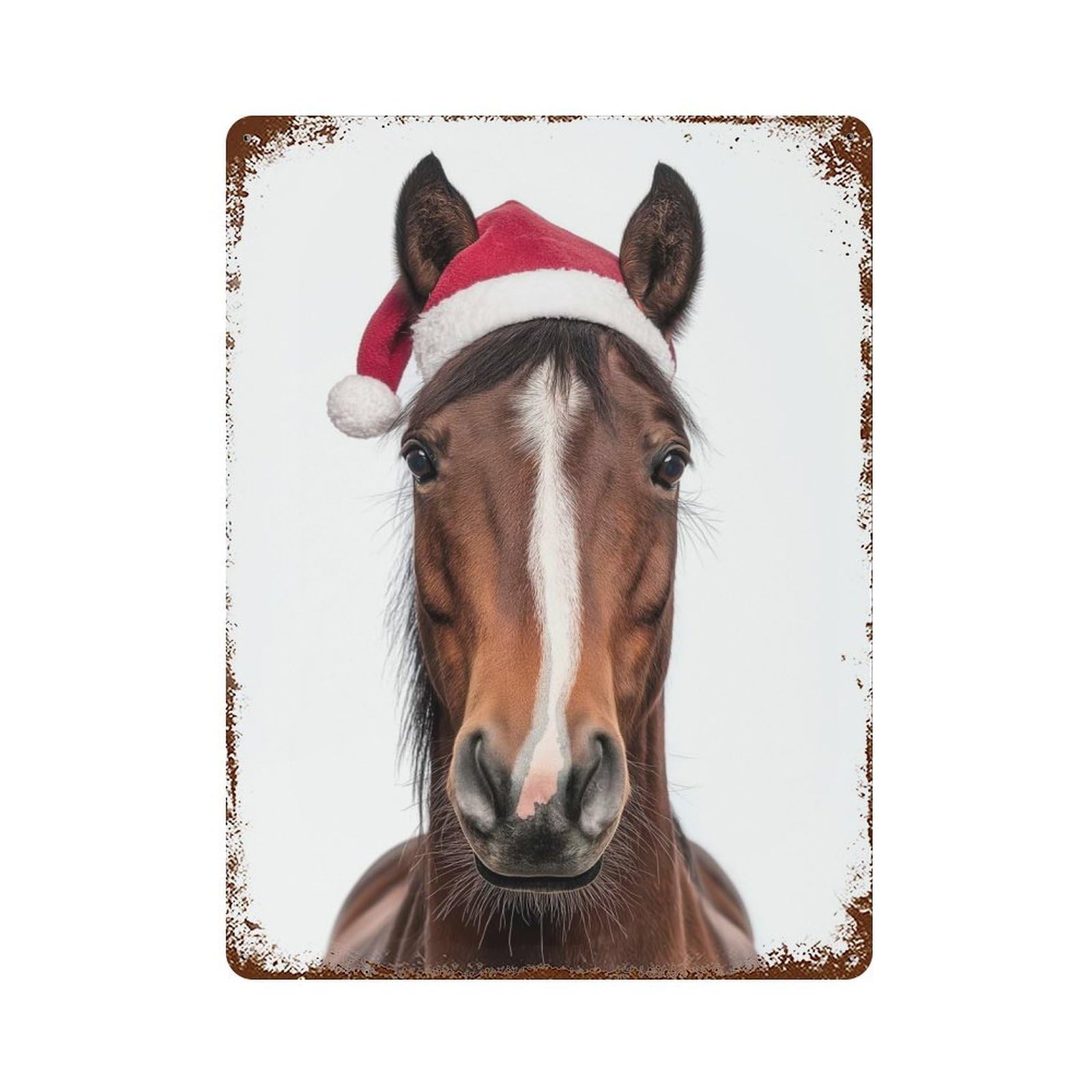 Christmas Horse with Santa Hat Vintage Rust Metal Sign 15.7"x11.8", Farmhouse Wall Decor for Garage, Pub Or Kitchen