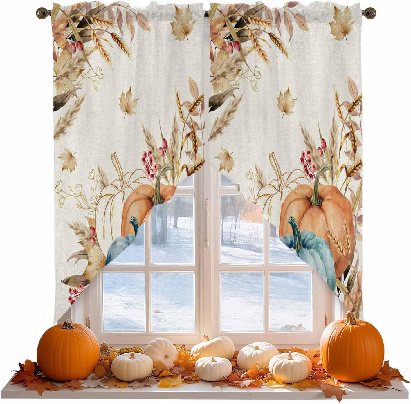 Thanksgiving Swag Curtain,Fall Watercolor Pumpkin Kitchen Valances Rod Pocket Curtains Tier Pair Swag Topper,Farm Leaves Wheat Linen 2 Panels Autumn Window Treatment for Bathroom Living Room Bedroom