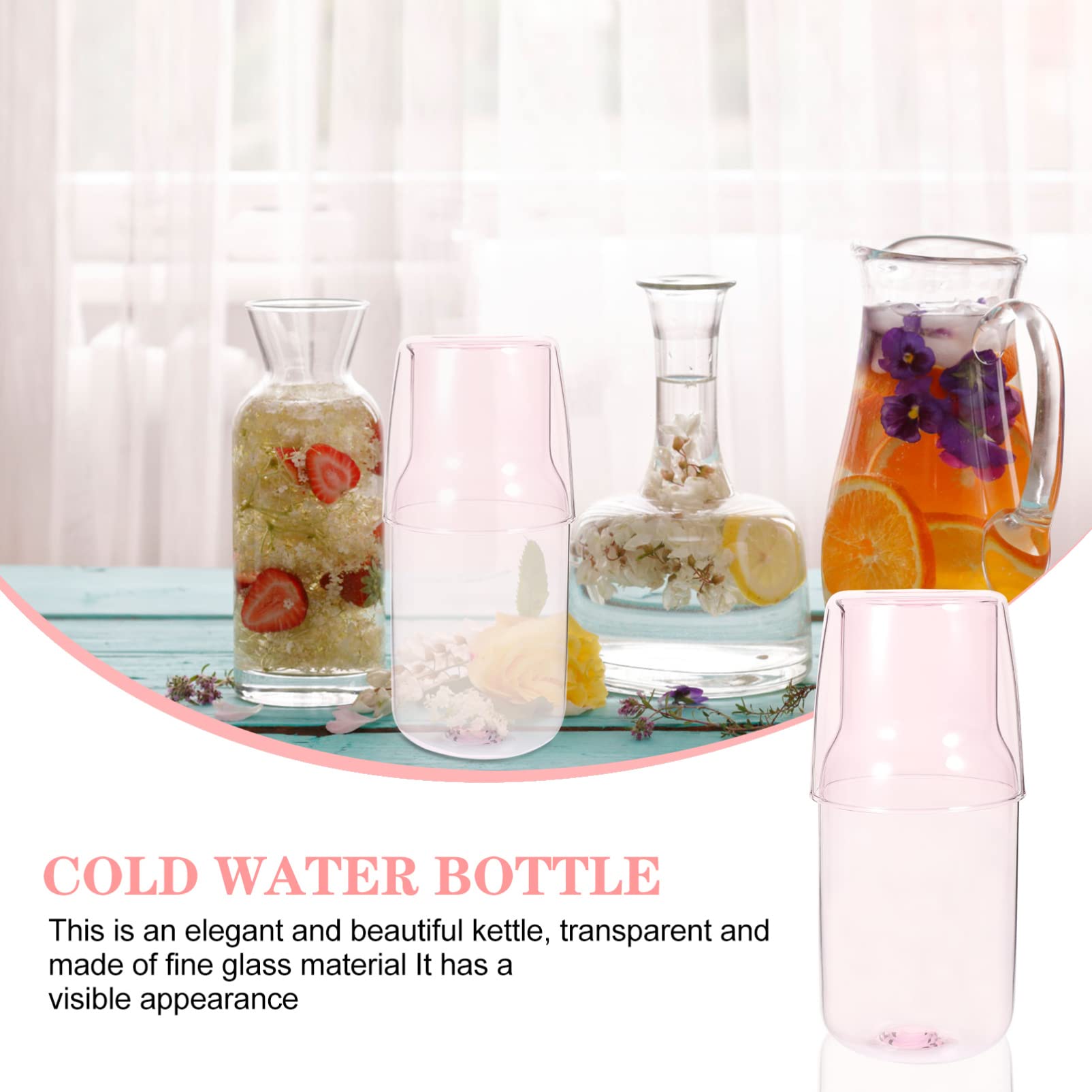 DOITOOL Bedside Water and Glass Set for Nightstand, Pink Night Water with Tumbler, Clear Glass Water Pitcher and Cup for Water, Ice Tea, Lemonade, Juice (520ml)